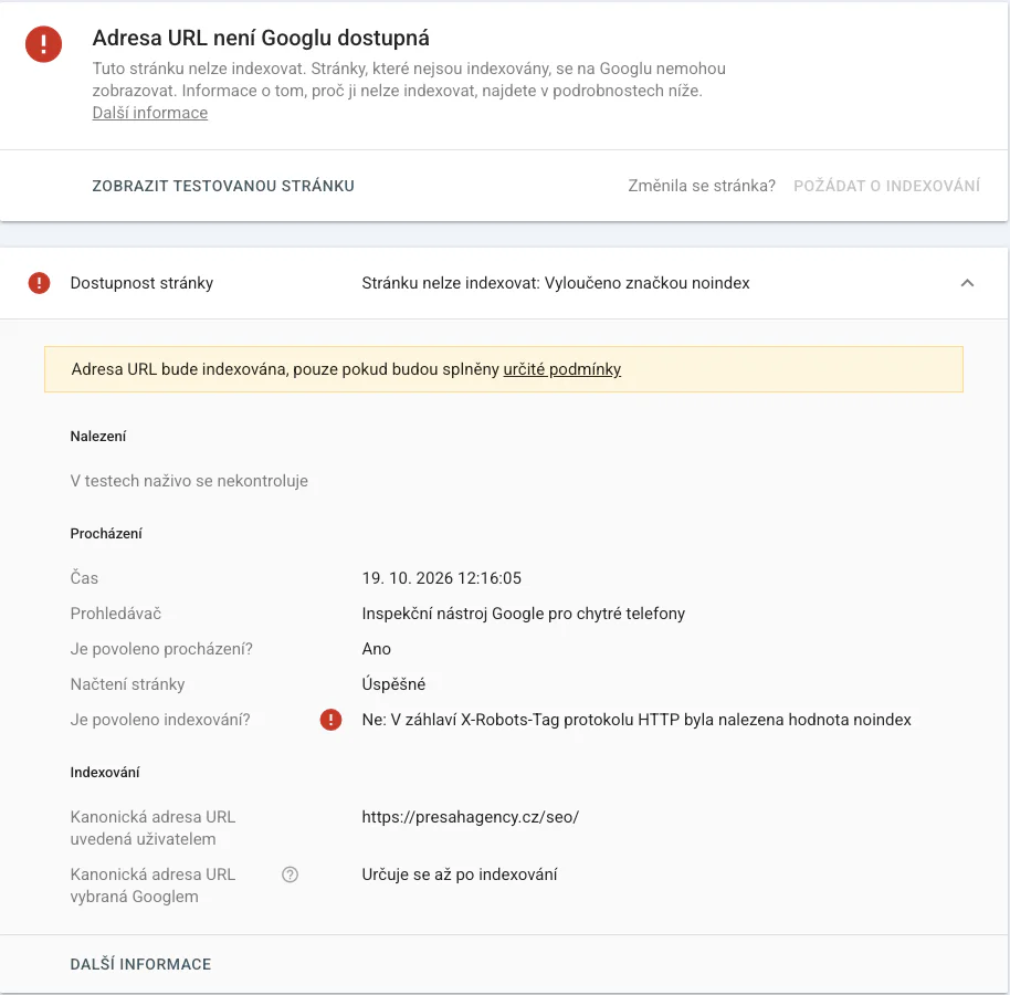 Přehled Indexování stránek v Search Console s důvody, proč stránky nejsou v indexu