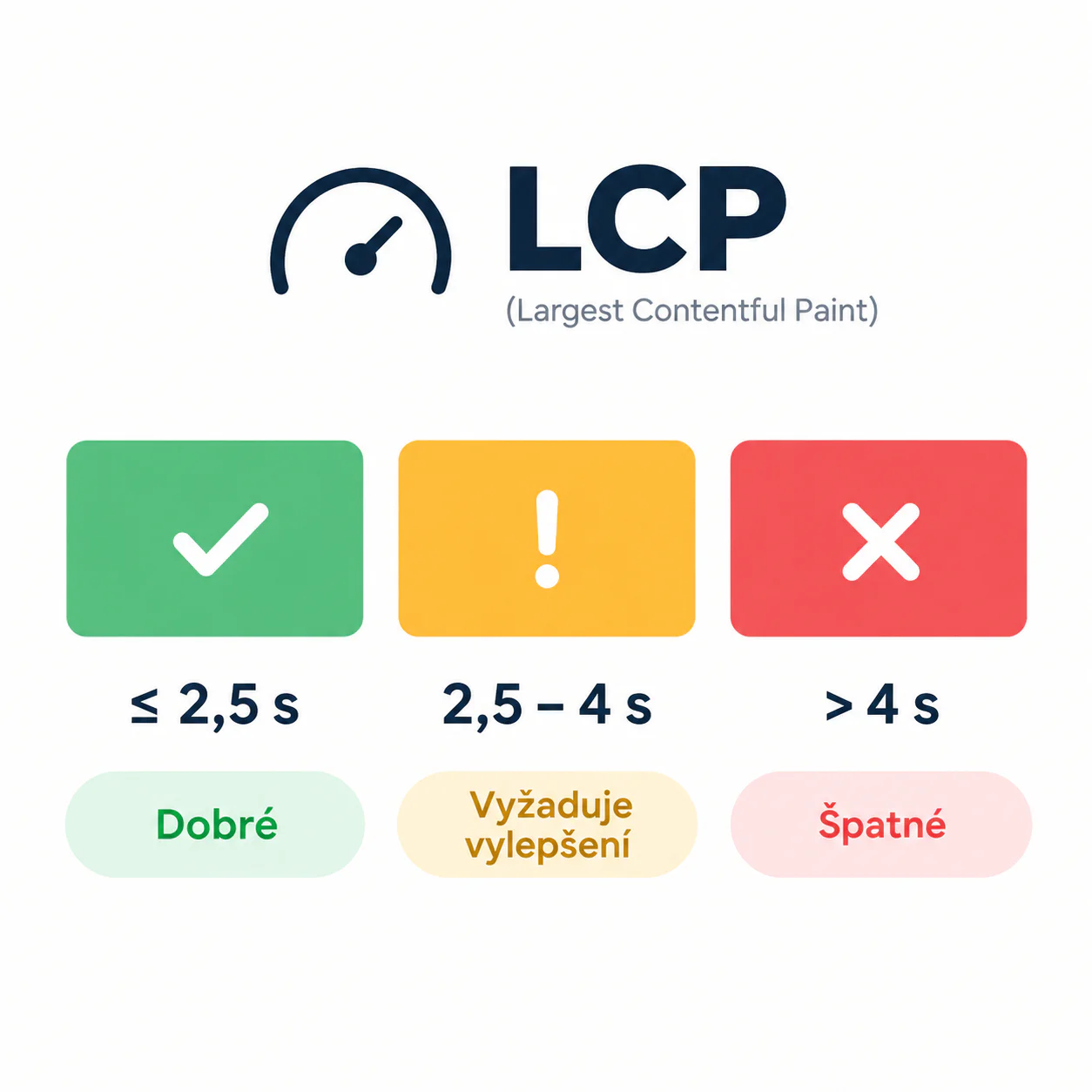 Hodnoty LCP: do 2,5 sekundy dobré, do 4 sekund vyžaduje vylepšení, nad 4 sekundy špatné