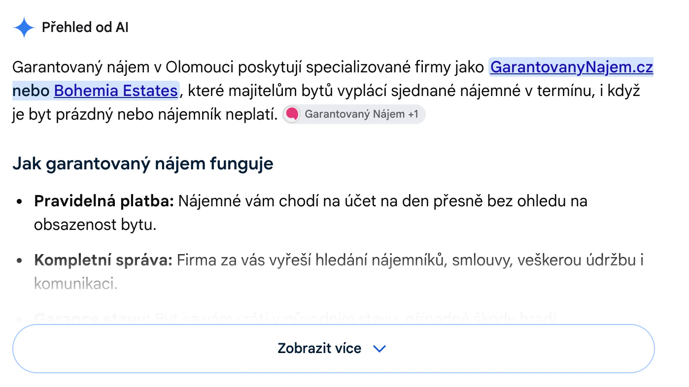 AI overview pro dotaz garantovaný nájem olomouc