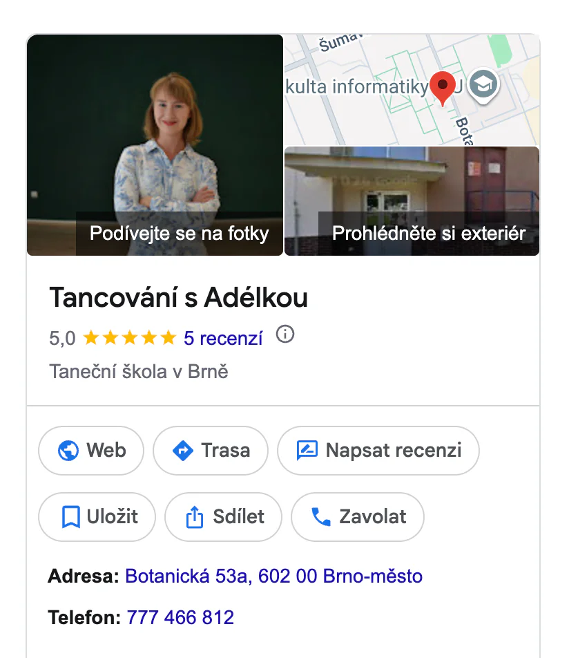 Firemní profil na Google firmy Tancování s Adélkou