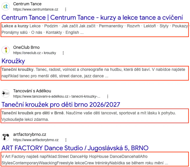Výsledek vyhledávání Google s vyznačeným titulkem stránky a meta description pod ním