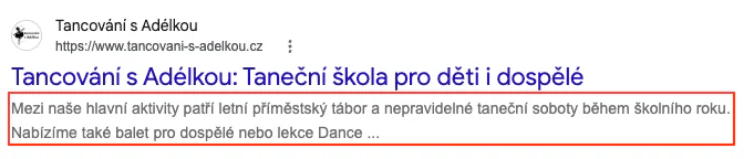 Ukázka meta description jako popisku pod nadpisem ve výsledcích vyhledávání Google