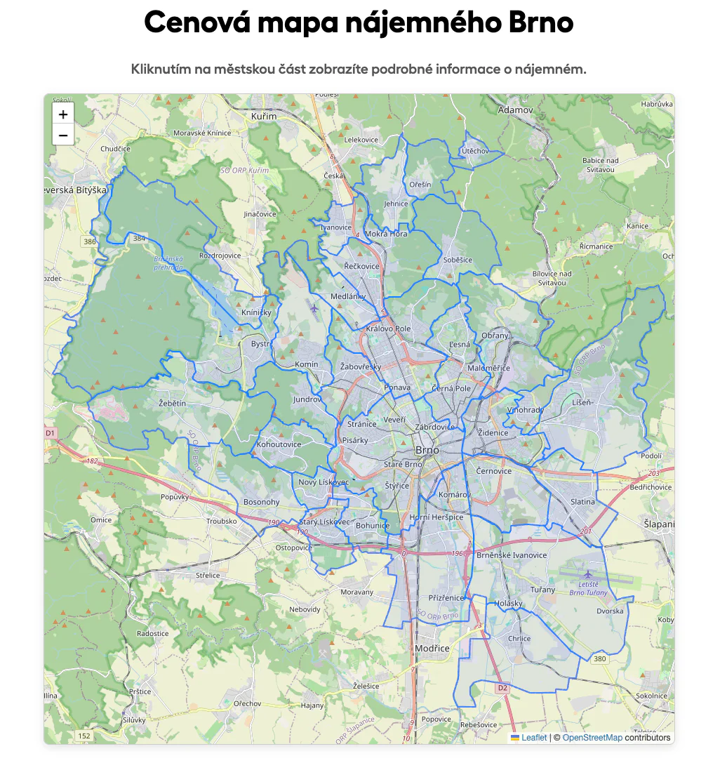 nteraktivní cenová mapa nájemného v Brně rozdělená na 23 městských částí, kterou jsme vytvořili pro Bohemian Estates
