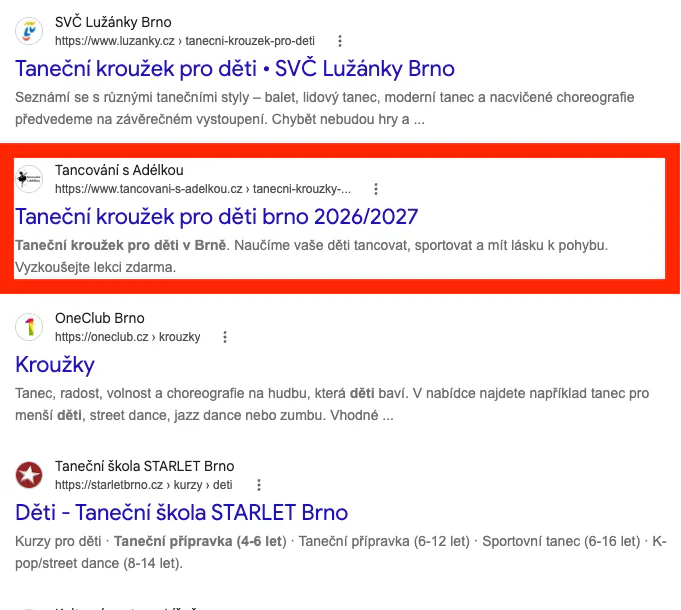 Výsledky Googlu pro dotaz taneční kroužky pro děti brno, Tancování s Adélkou na druhém místě