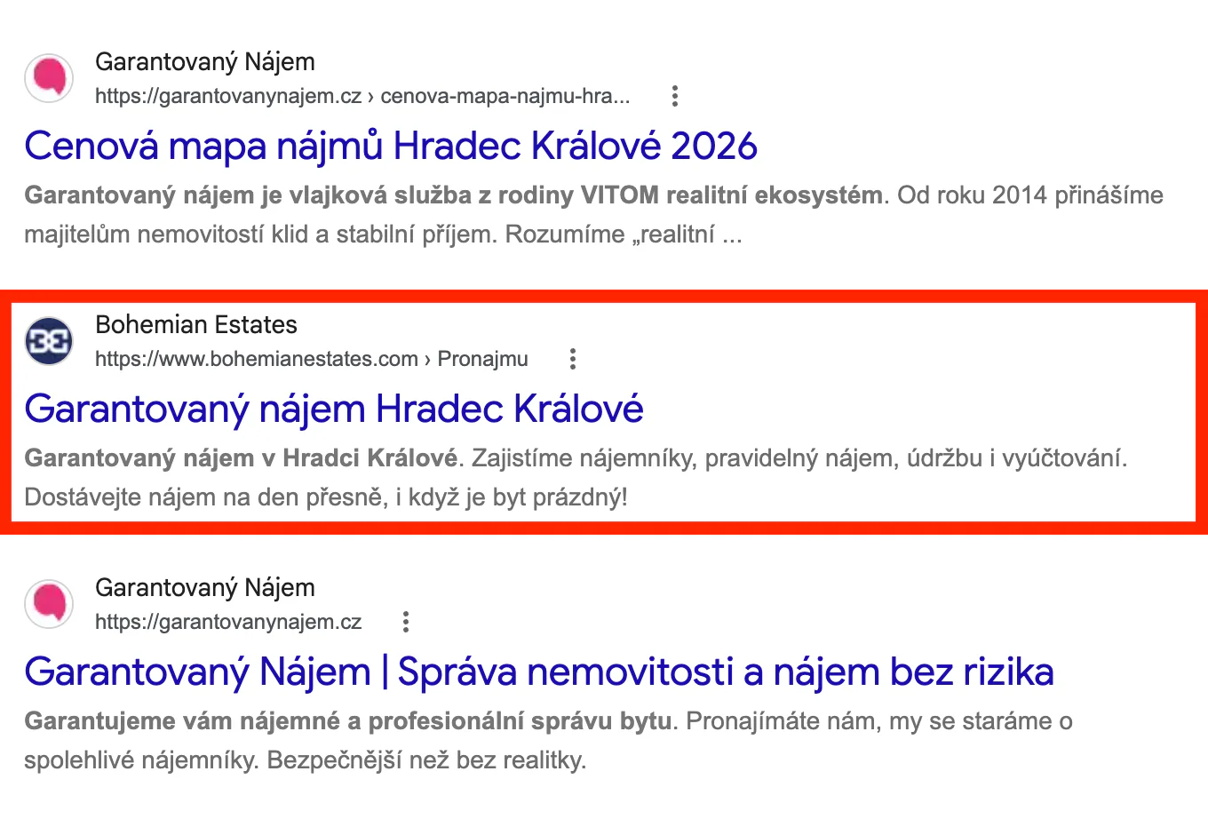 Výsledky Googlu pro dotaz garantovaný nájem hradec králové, Bohemian Estates na druhém místě