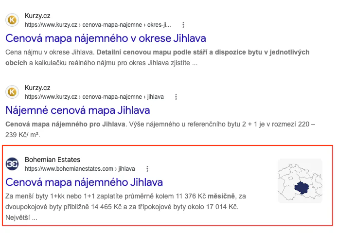 Výsledky Googlu pro dotaz cenová mapa nájemného Jihlava, Bohemian Estates na 3. místě