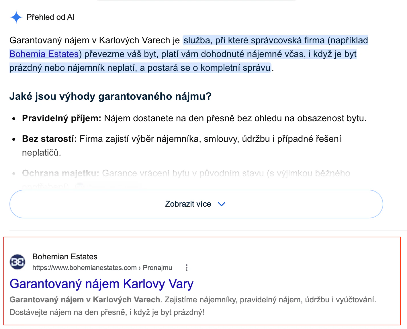 Výsledky Googlu pro dotaz garantovaný nájem Karlovy Vary, Bohemian Estates na prvním místě