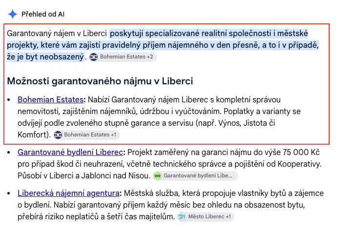 Výsledky Googlu pro dotaz garantovaný nájem Liberec, Bohemian Estates v AI overview