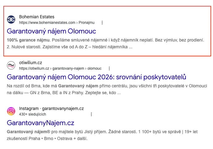 Výsledky Googlu pro dotaz garantovaný nájem Olomouc, Bohemian Estates na druhém místě