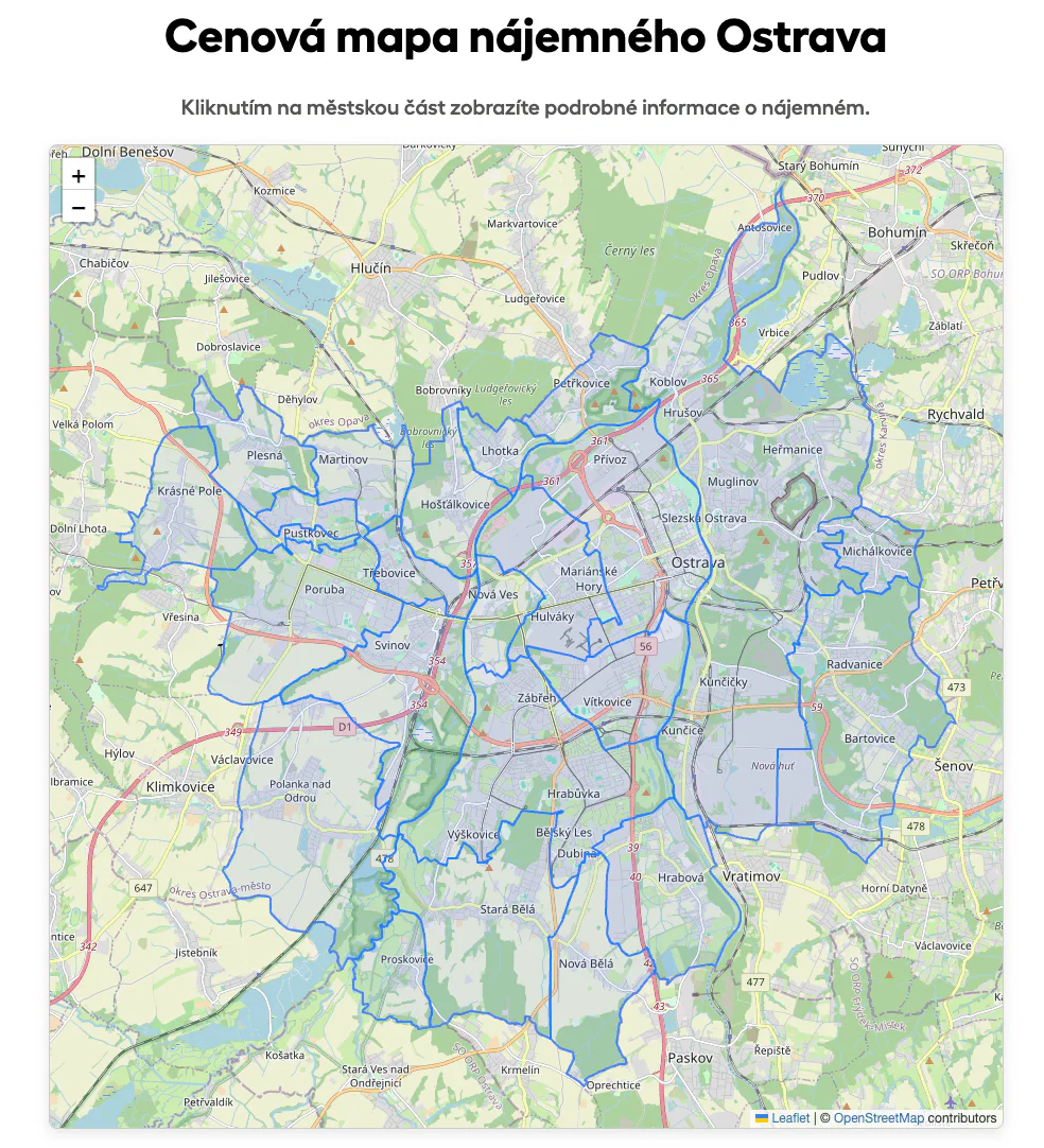 Interaktivní cenová mapa nájemného v Ostravě rozdělená na 23 městských částí, kterou jsme vytvořili pro Bohemian Estates