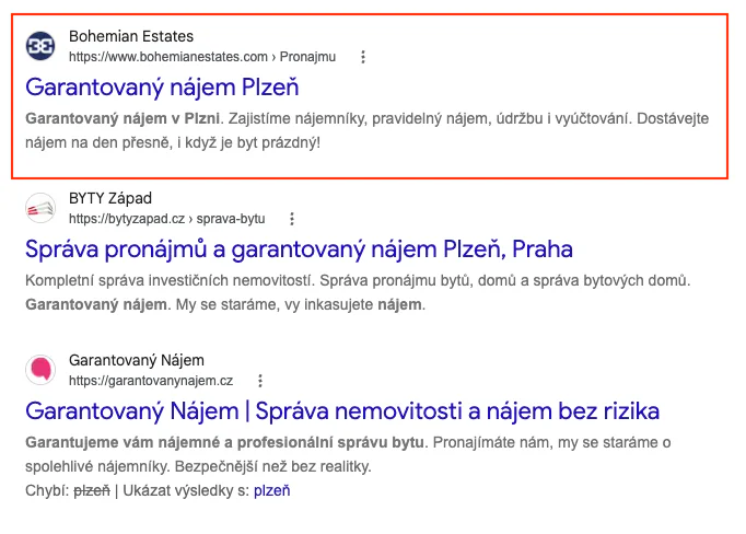 Výsledky Googlu pro dotaz garantovaný nájem Plzeň, Bohemian Estates na prvním místě