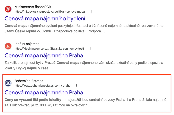 Výsledky Googlu pro dotaz cenová mapa nájmu Praha, Bohemian Estates na třetím místě