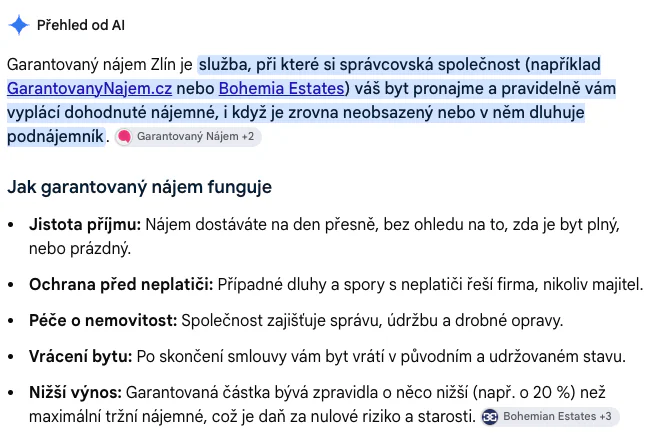 AI overview pro dotaz garantovaný nájem Zlín, klient Bohemian Estates