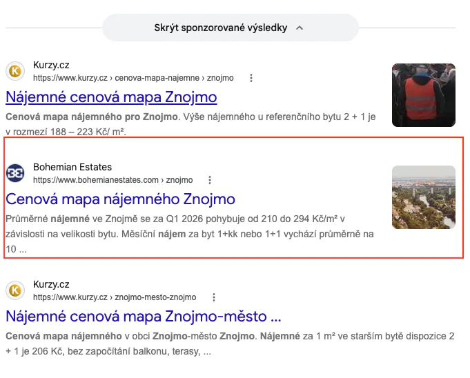 Výsledky Googlu pro dotaz cenová mapa nájemného Znojmo, Bohemian Estates v AI přehledu a na 2. místě