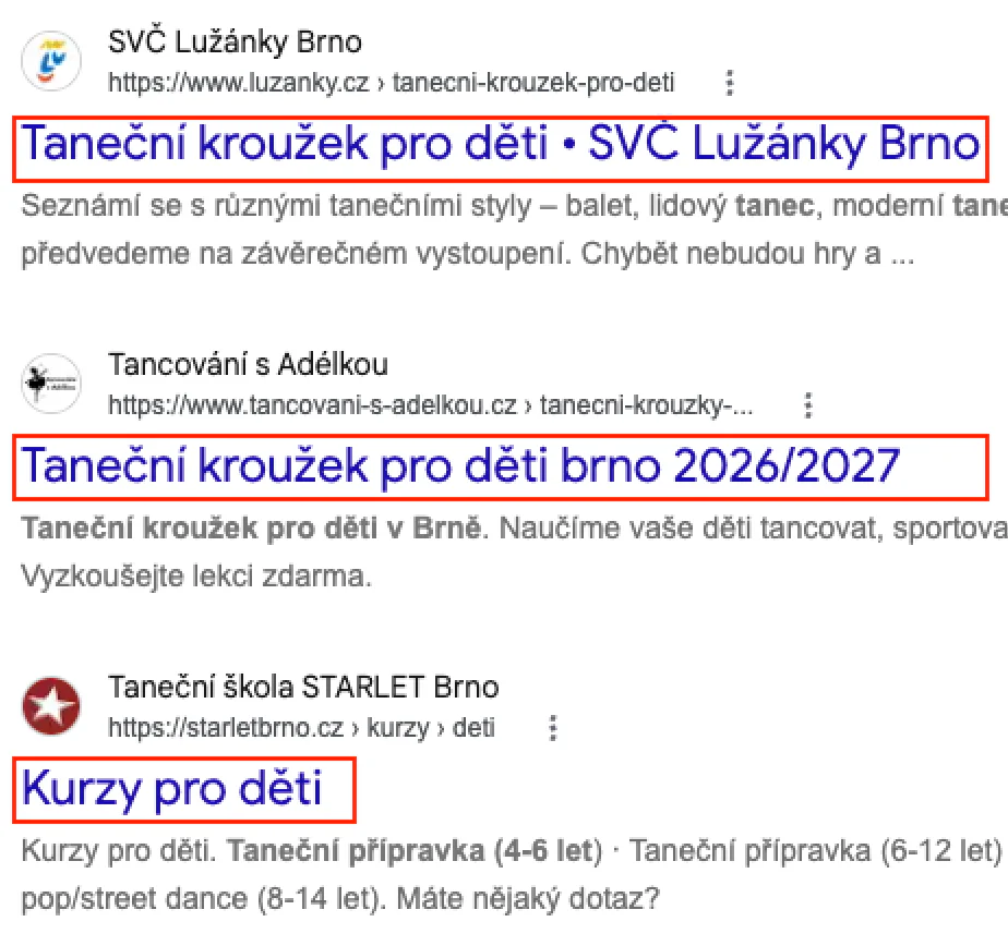 Zobrazení meta title ve výsledcích vyhledávání Google.