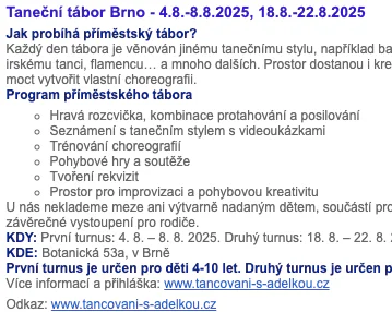 Záznam tanečního tábora v brněnském katalogu pro rodiče s odkazem na web pořadatelky